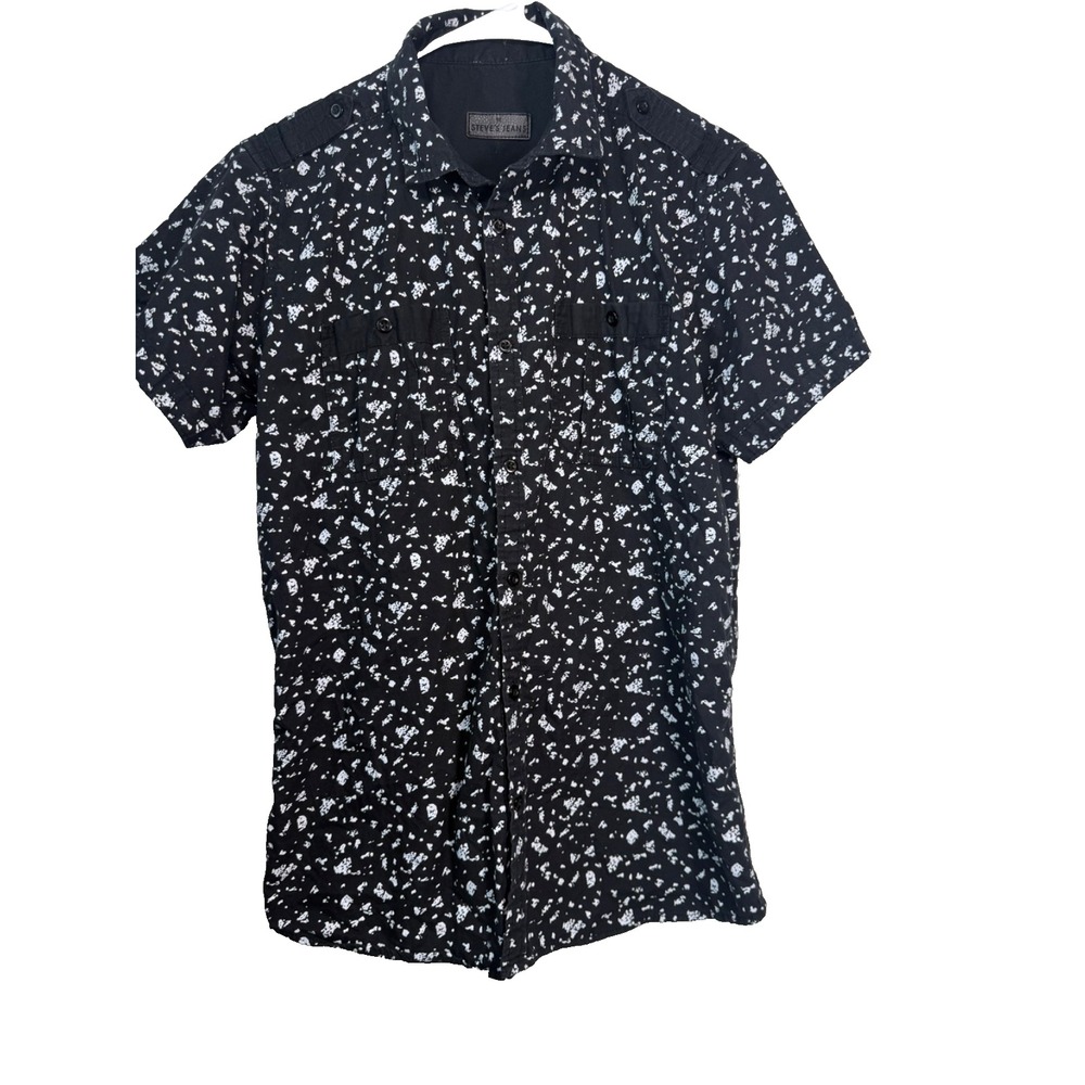 Steve's Jeans Men's Shirt Black White Abstract Print Short Sleeve Button Front M